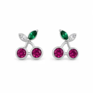 brincos prateados criativos de cerejas rosa e folhas verdes em fundo branco, referência 85374-21