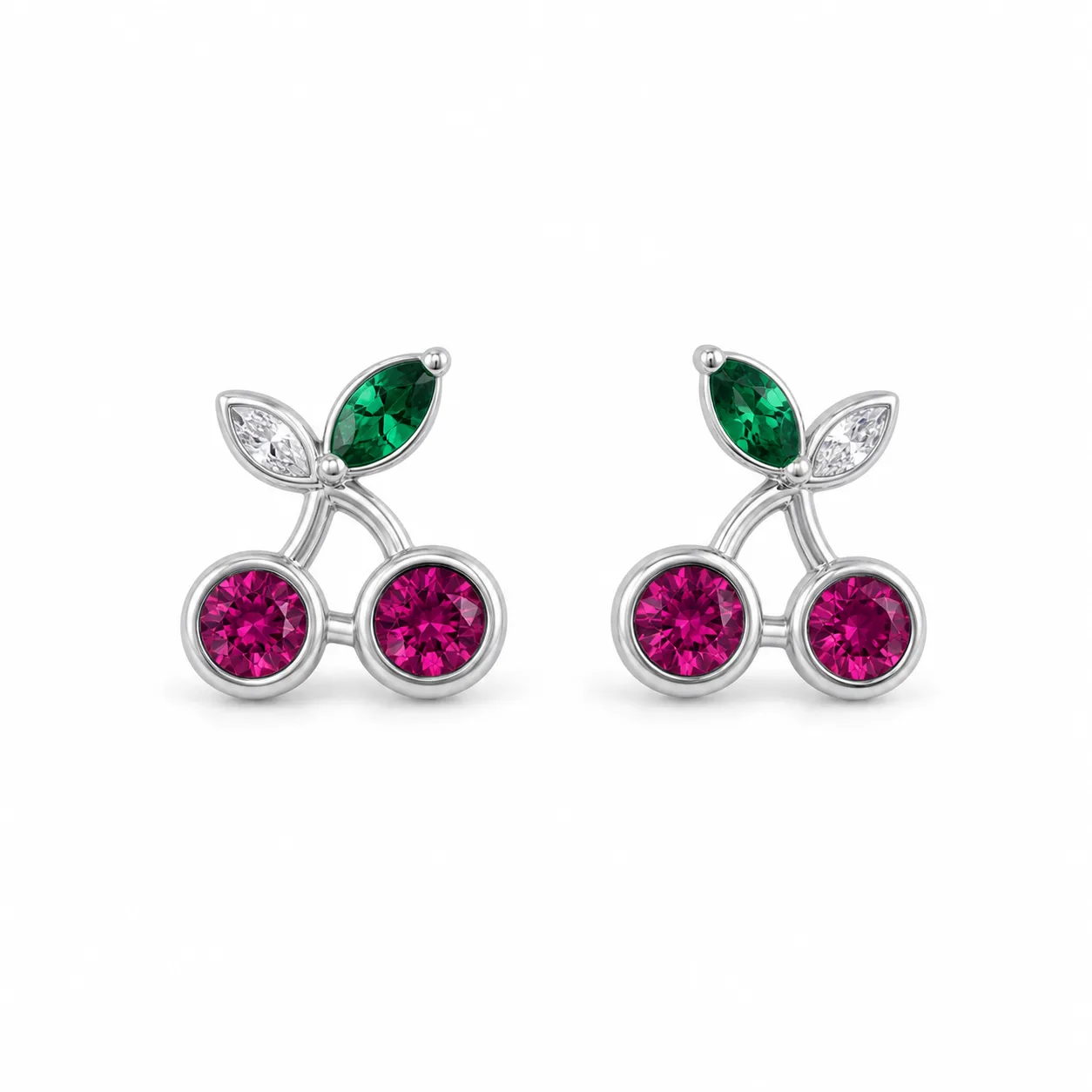 brincos prateados criativos de cerejas rosa e folhas verdes em fundo branco, referência 85374-21