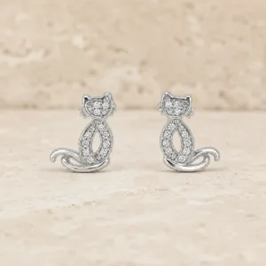brincos prateados criativos em forma de gato com cristais em pedra clara, referência 85374-22