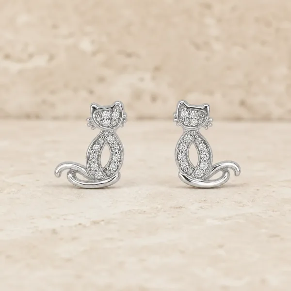 brincos prateados criativos em forma de gato com cristais em pedra clara, referência 85374-22