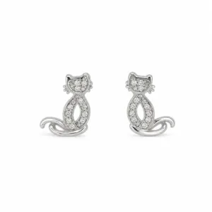 brincos prateados criativos em forma de gato com cristais em fundo branco, referência 85374-22