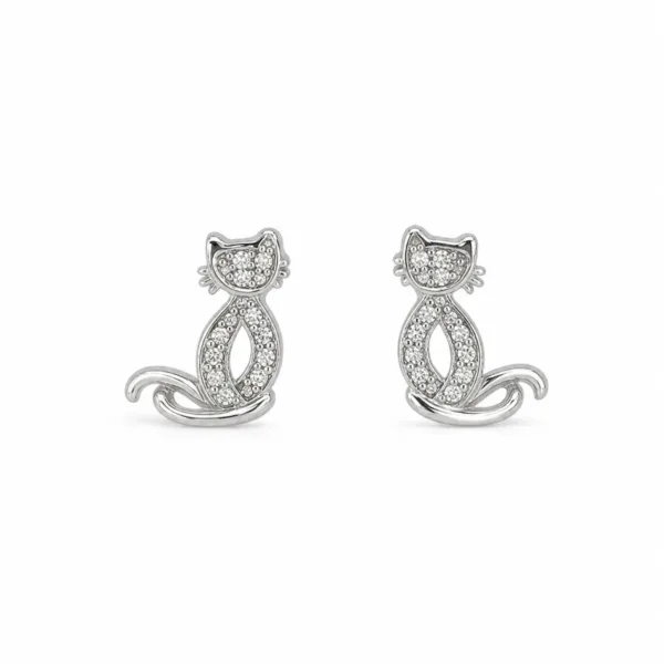 brincos prateados criativos em forma de gato com cristais em fundo branco, referência 85374-22