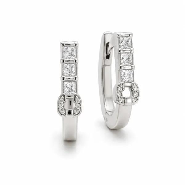 argolas prateadas sofisticadas com cristais quadrados e ferradura em fundo branco, refer锚ncia 85375-13