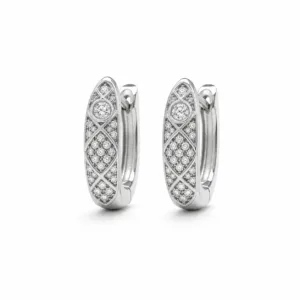 argolas prateadas modernas ovais com malha de cristais em fundo branco, referência 85375-6