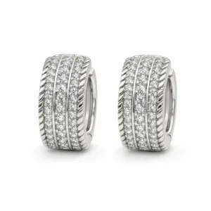 argolas prateadas modernas largas com três filas pavé em fundo branco, referência 85375-7