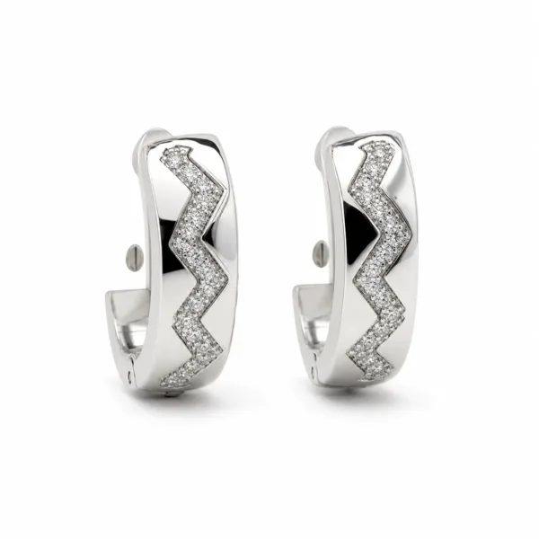 argolas prateadas sofisticadas com zigzag pav茅 e preto em fundo branco, refer锚ncia 85375-9