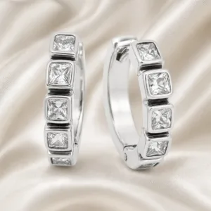 argolas prateadas elegantes com cristais quadrados em cetim marfim, refer锚ncia 85376-6