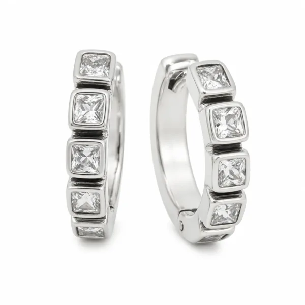 argolas prateadas elegantes com cristais quadrados em fundo branco, refer锚ncia 85376-6