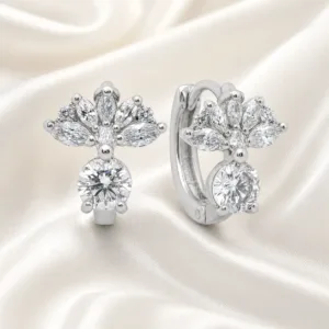 argolas prateadas elegantes florais com cristal redondo em cetim marfim, refer锚ncia 85376-7