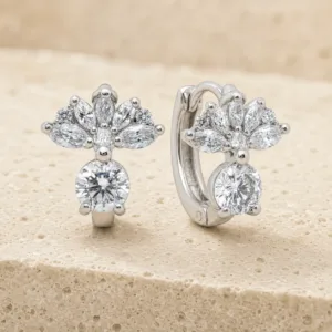 argolas prateadas elegantes florais com cristal redondo em pedra clara, refer锚ncia 85376-7