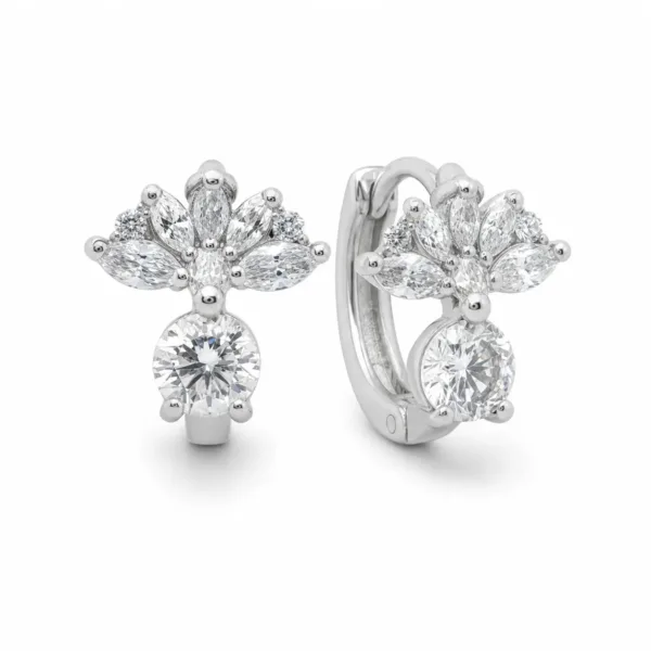 argolas prateadas elegantes florais com cristal redondo em fundo branco, refer锚ncia 85376-7