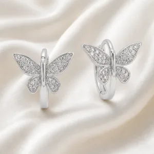 argolas prateadas premium com borboleta pav茅 em cetim marfim, refer锚ncia 85376-9