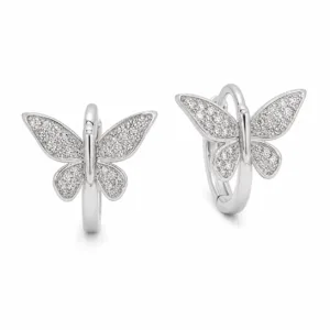 argolas prateadas premium com borboleta pav茅 em fundo branco, refer锚ncia 85376-9