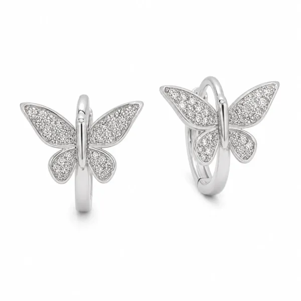 argolas prateadas premium com borboleta pav茅 em fundo branco, refer锚ncia 85376-9
