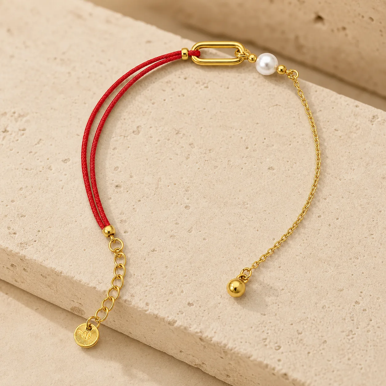 pulseira vermelha dourada sobre pedra clara, referência 85381-1