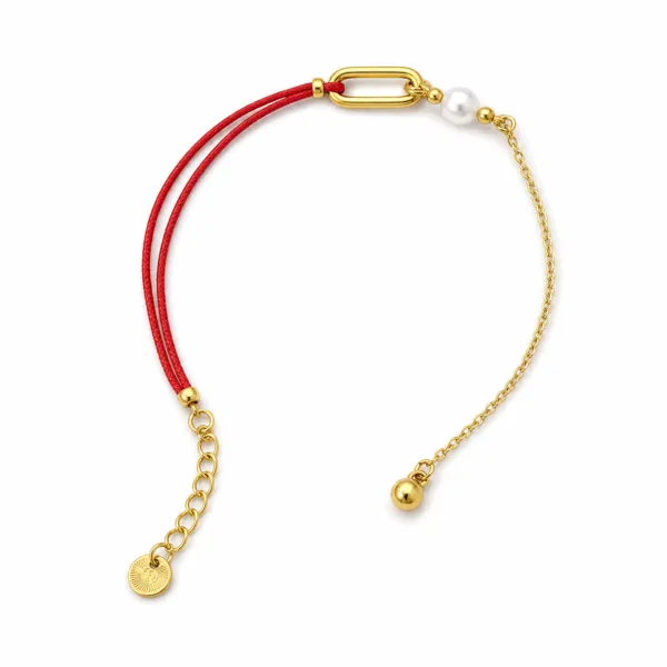 85381-1-white pulseira vermelha dourada com pérola em fundo branco, referência 85381-1