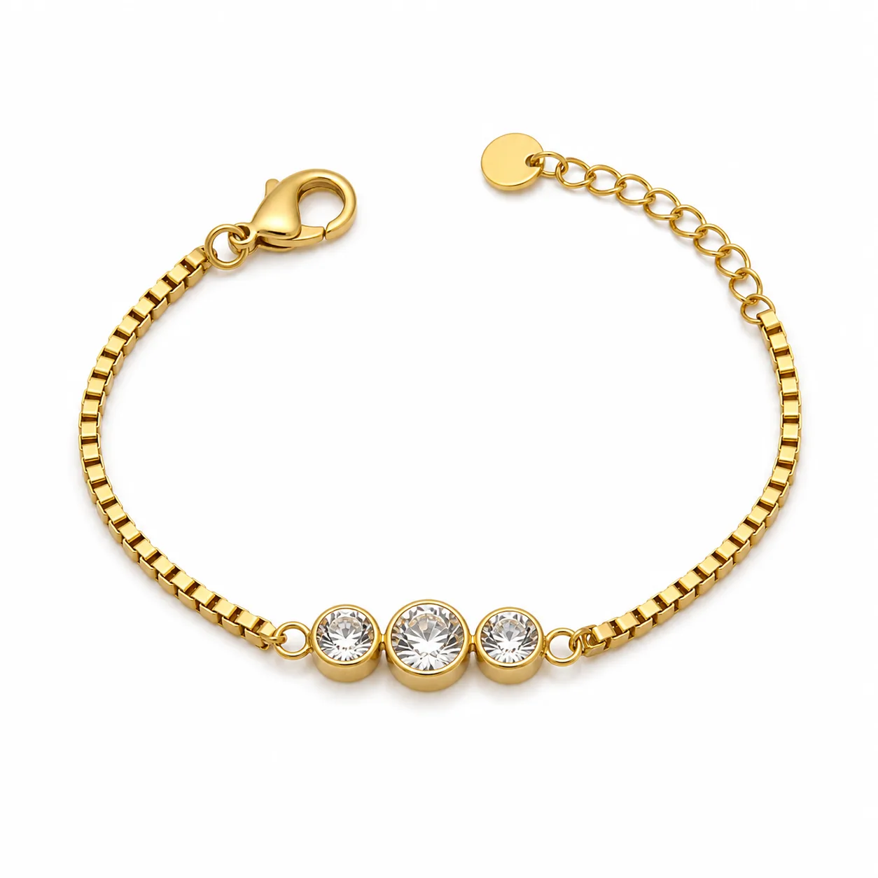 pulseira dourada com cristais redondos em fundo branco, referência 85382-1