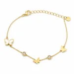 pulseira dourada com borboletas e cristais em fundo branco, referência 85382-2