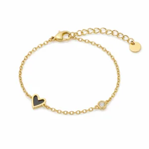 pulseira dourada com coração preto e cristal em fundo branco, referência 85382-3