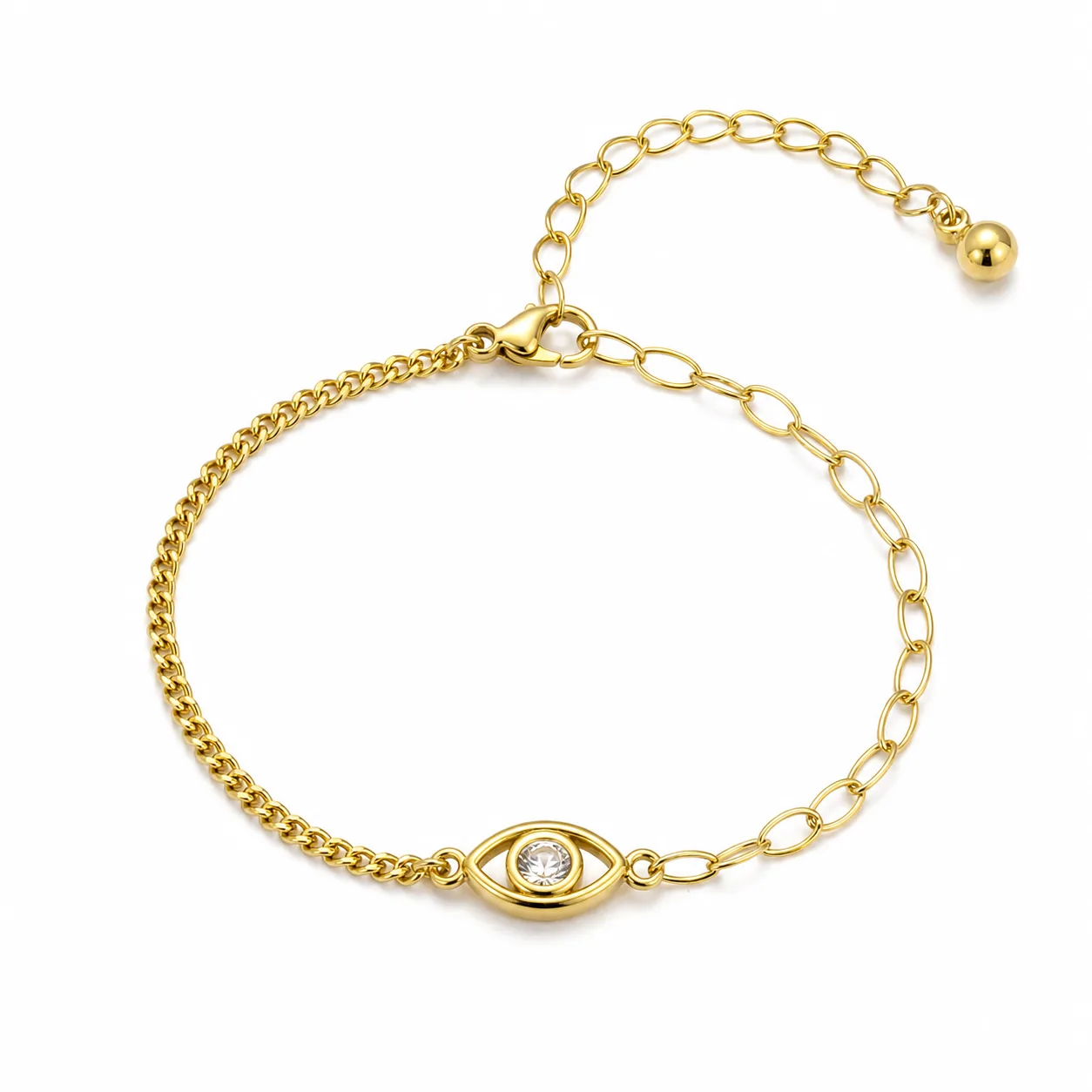 pulseira dourada olho protetor com cristal em fundo branco, referência 85383-1