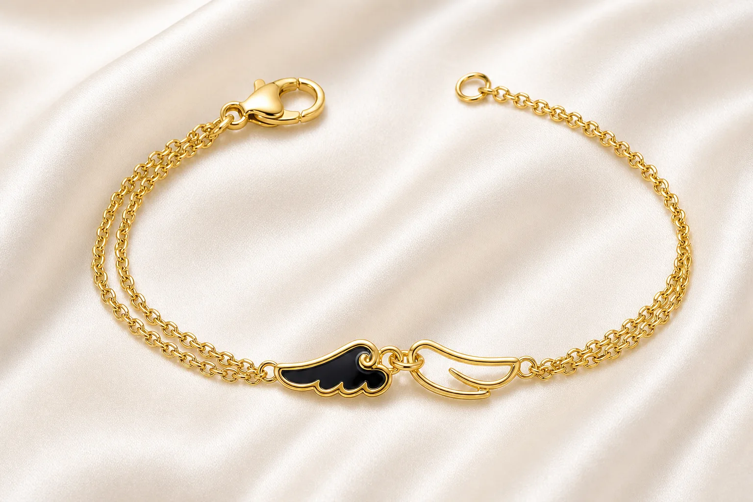 pulseira dourada com asas pretas em cetim marfim, referência 85383-2