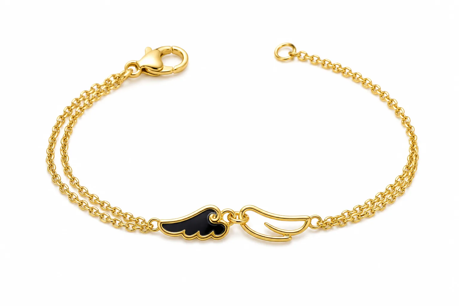 pulseira dourada com asas pretas em fundo branco, referência 85383-2