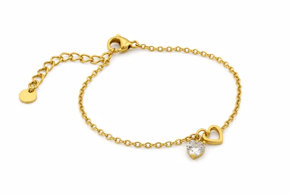 pulseira dourada com coração de cristal em fundo branco, referência 85383-3