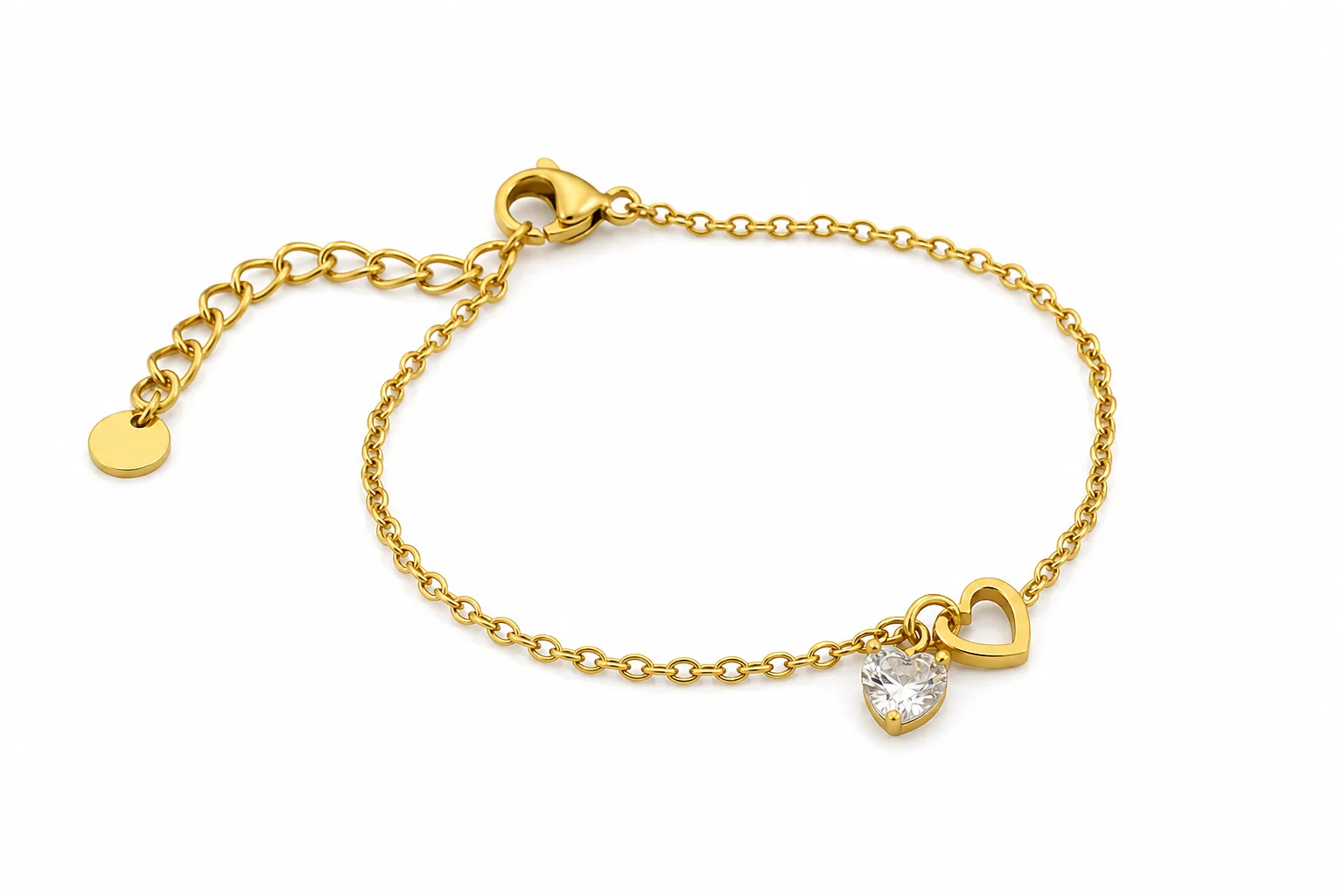 pulseira dourada com coração de cristal em fundo branco, referência 85383-3