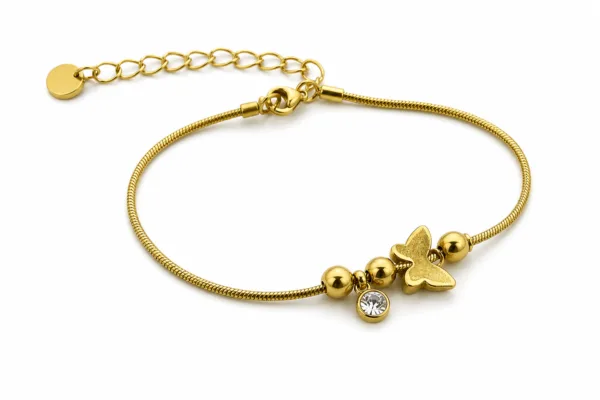 85383-4-white pulseira dourada com borboleta, contas e cristal em fundo branco, referência 85383-4