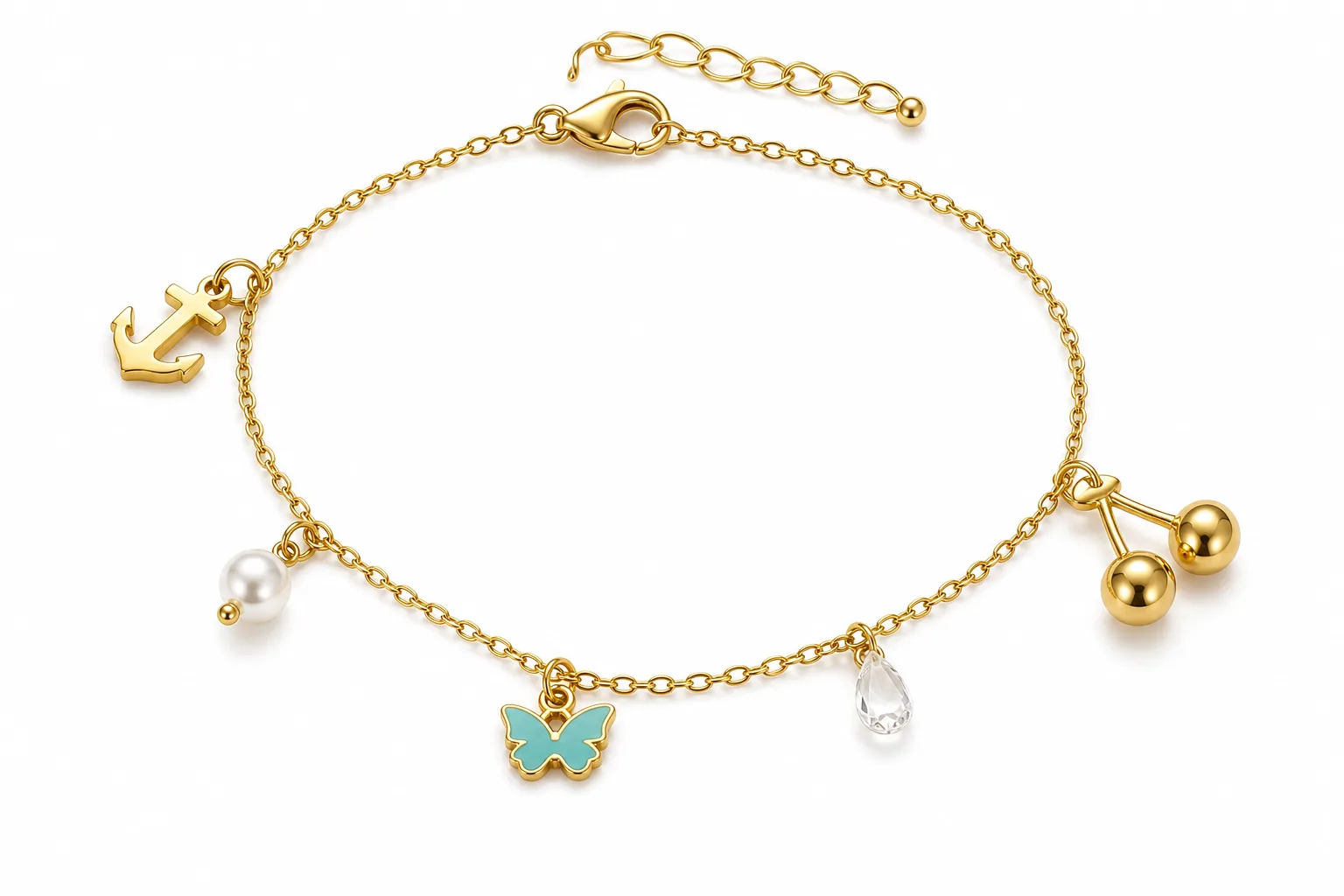 pulseira dourada com pendentes coloridos em fundo branco, referência 85384-2