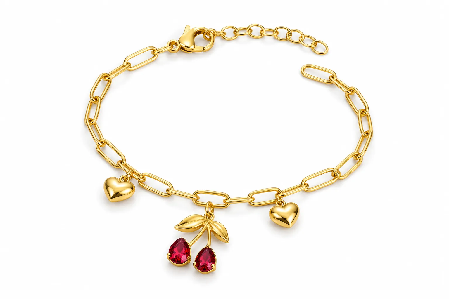 pulseira dourada com cerejas vermelhas e corações em fundo branco, referência 85384-3