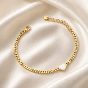 pulseira dourada com coração branco e corrente cubana em cetim marfim, referência 85384-4
