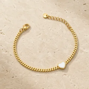 pulseira dourada com coração branco e corrente cubana em pedra clara de tom quente, referência 85384-4