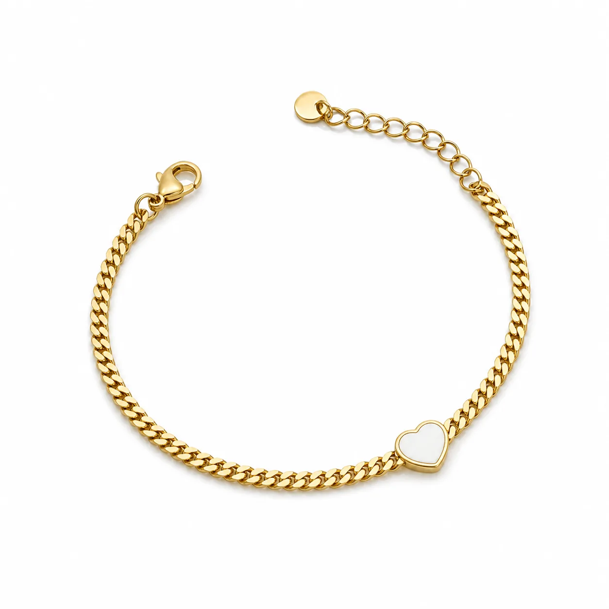 pulseira dourada com coração branco e corrente cubana em fundo branco, referência 85384-4