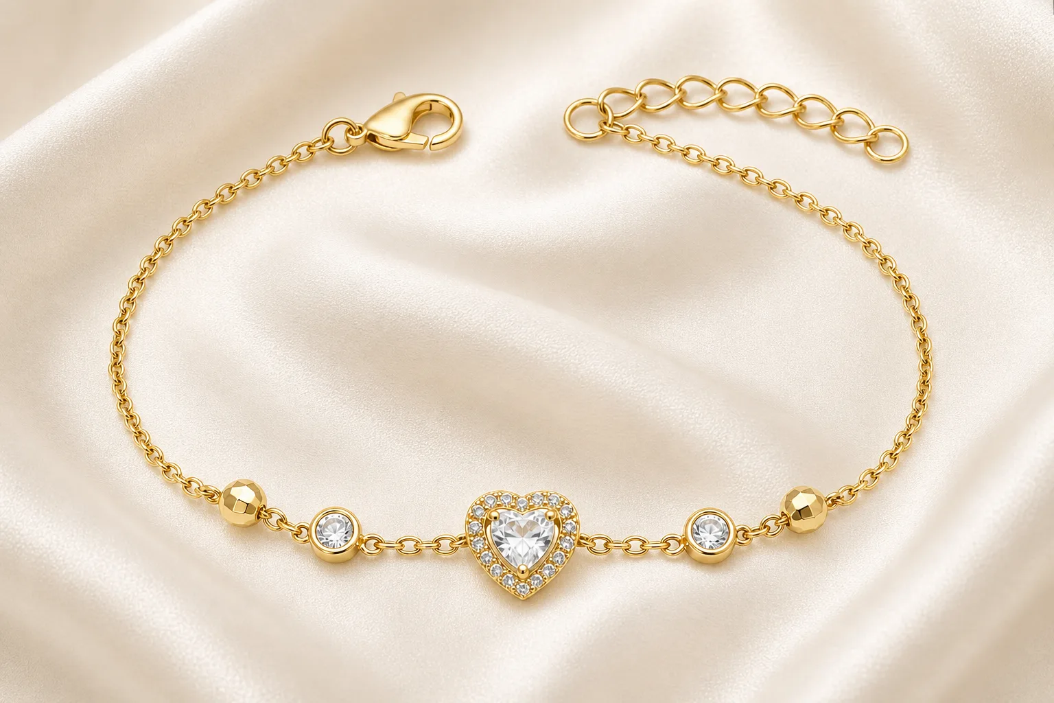 pulseira dourada com coração de cristal e halo em cetim marfim, referência 85384-5