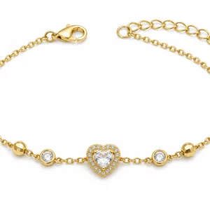 pulseira dourada com coração de cristal e halo em fundo branco, referência 85384-5