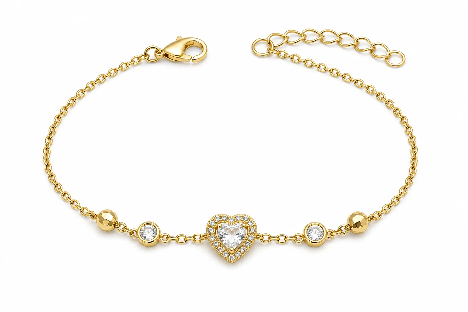 pulseira dourada com coração de cristal e halo em fundo branco, referência 85384-5