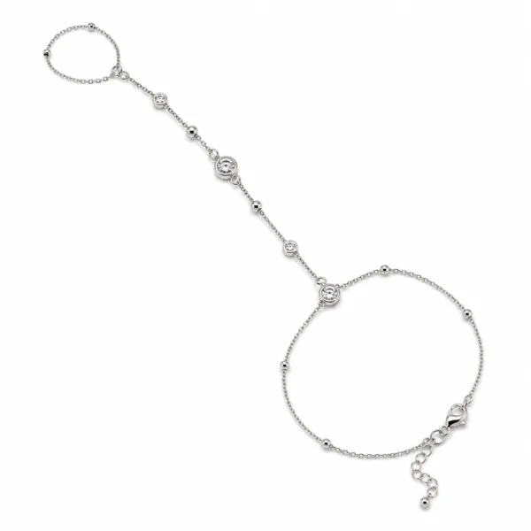 85391-6-white pulseira de mão prateada com cristais e anel em fundo branco, referência 85391-6