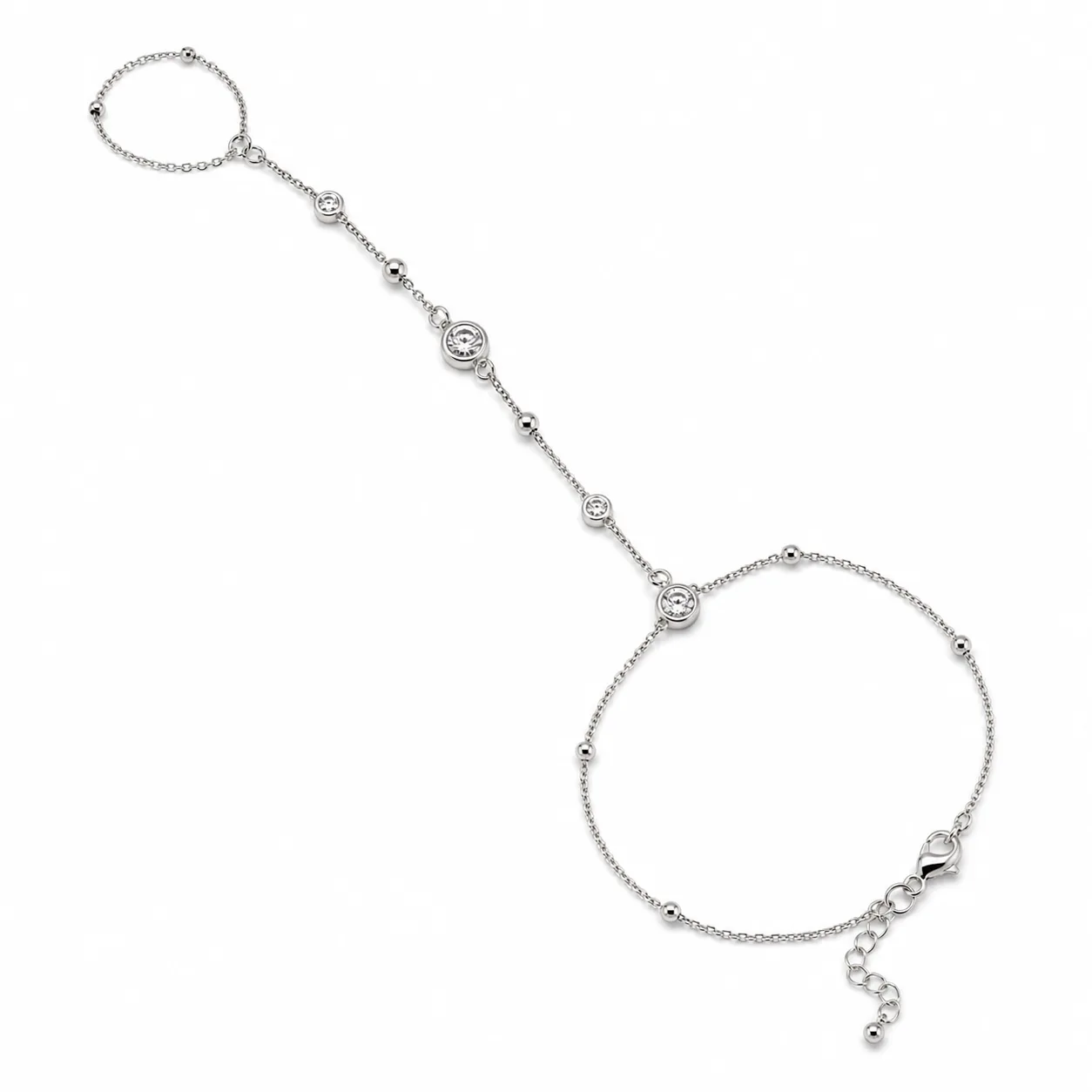 pulseira de mão prateada com cristais e anel em fundo branco, referência 85391-6