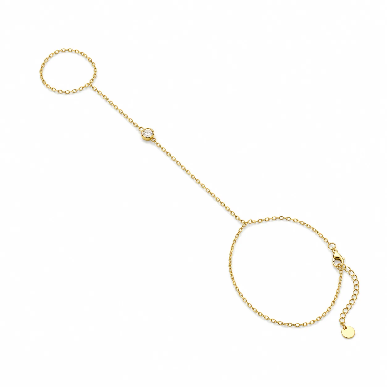pulseira de mão dourada minimalista com cristal em fundo branco, referência 85473-1