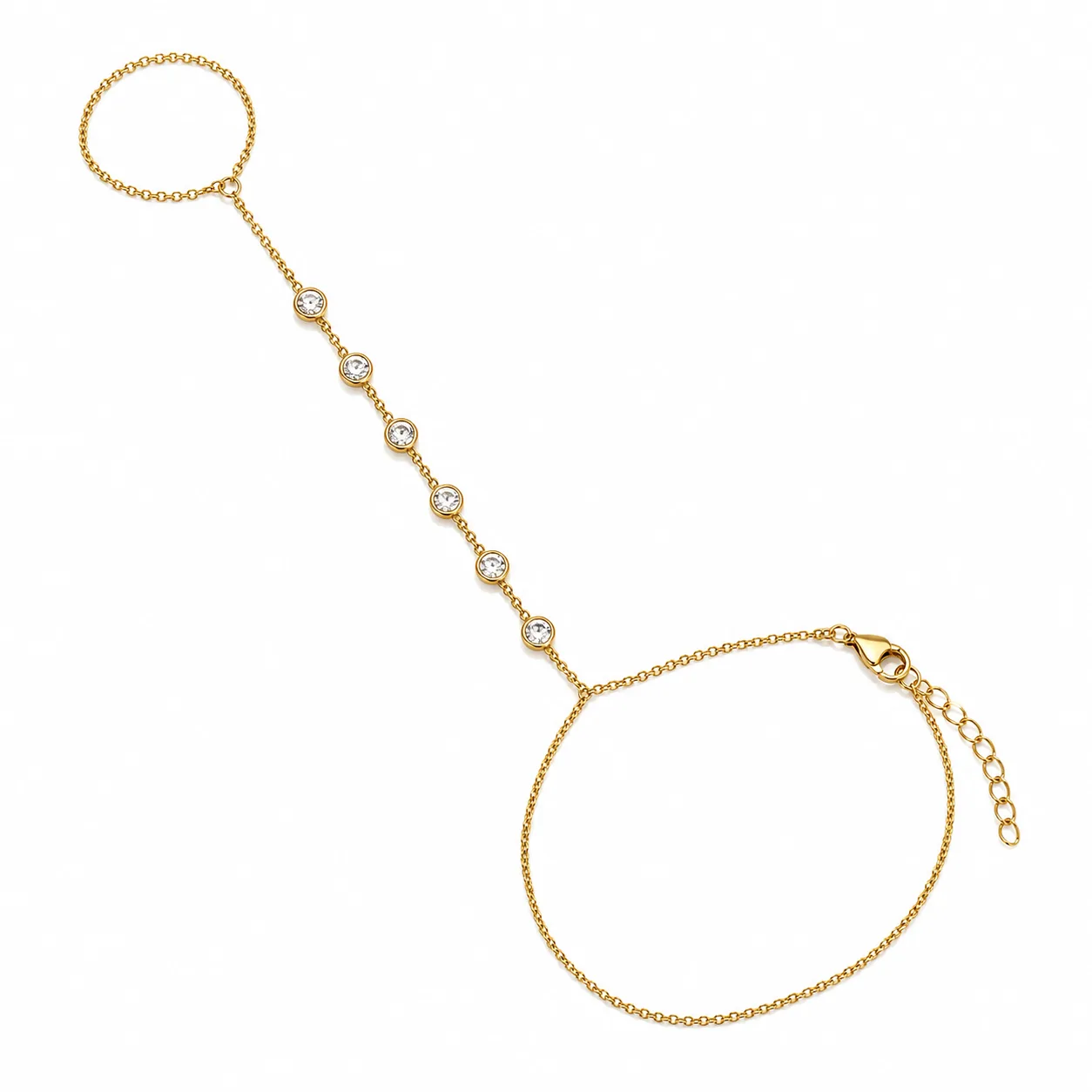 pulseira de mão dourada com seis cristais em fundo branco, referência 85474-3