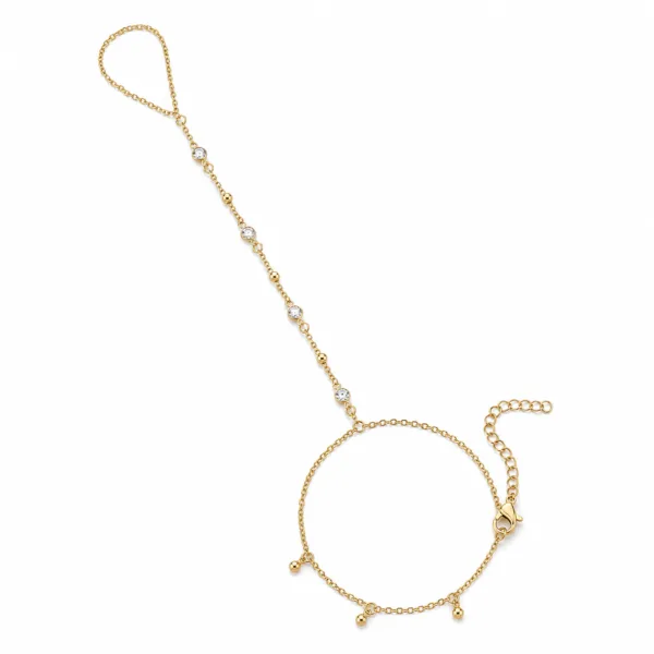 85475-1-white pulseira de mão dourada com quatro cristais e contas em fundo branco, referência 85475-1