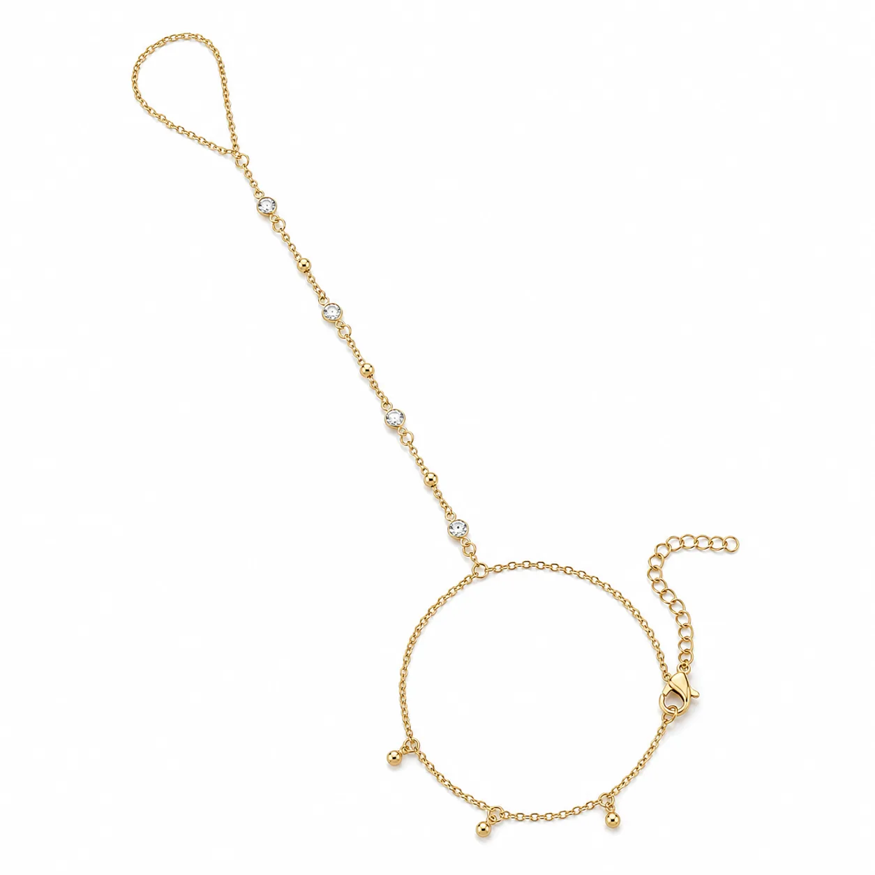pulseira de mão dourada com quatro cristais e contas em fundo branco, referência 85475-1