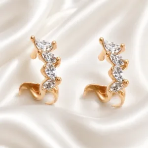 Brincos ear cuff dourados rosa com cristais brancos sobre cetim - Modelo A