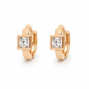Brincos dourados rosa com cristal quadrado - Modelo A