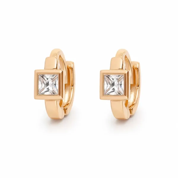 Brincos dourados rosa com cristal quadrado - Modelo A