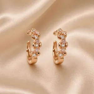 Brincos de Argola Dourados Rosa com Folhas e Cristais | Modelo A ou B - Image 2