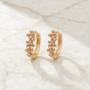 Brincos de Argola Dourados Rosa com Folhas e Cristais | Modelo A ou B - Image 3