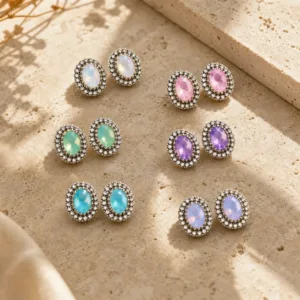 Brincos de cristal oval pastel 85176-01-2 — seis cores sobre pedra clara