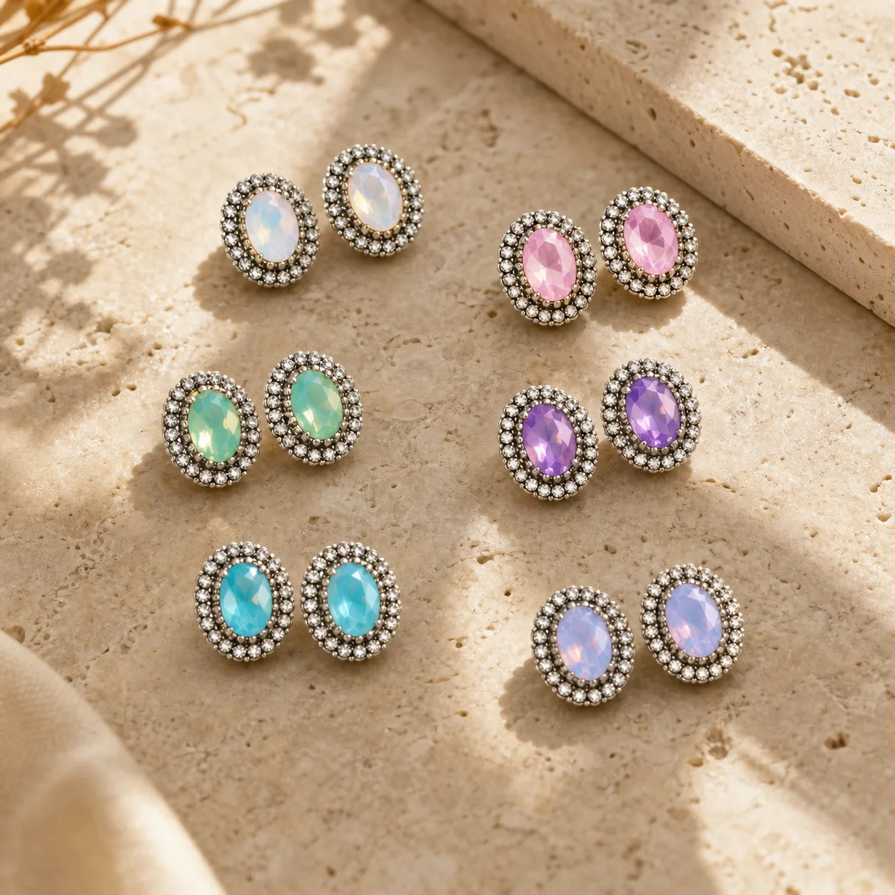 Brincos de cristal oval pastel 85176-01-2 — seis cores sobre pedra clara